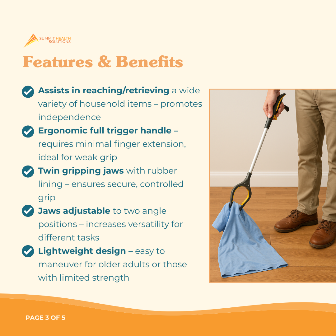Arthritis friendly reacher grabber tool by Summit Health Solutions designed for people with weak grip strength or limited hand mobility without straining their fingers