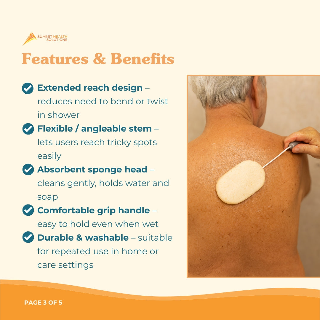 Bathing aid for seniors designed to make personal hygiene easier by extending reach to the back legs and feet
