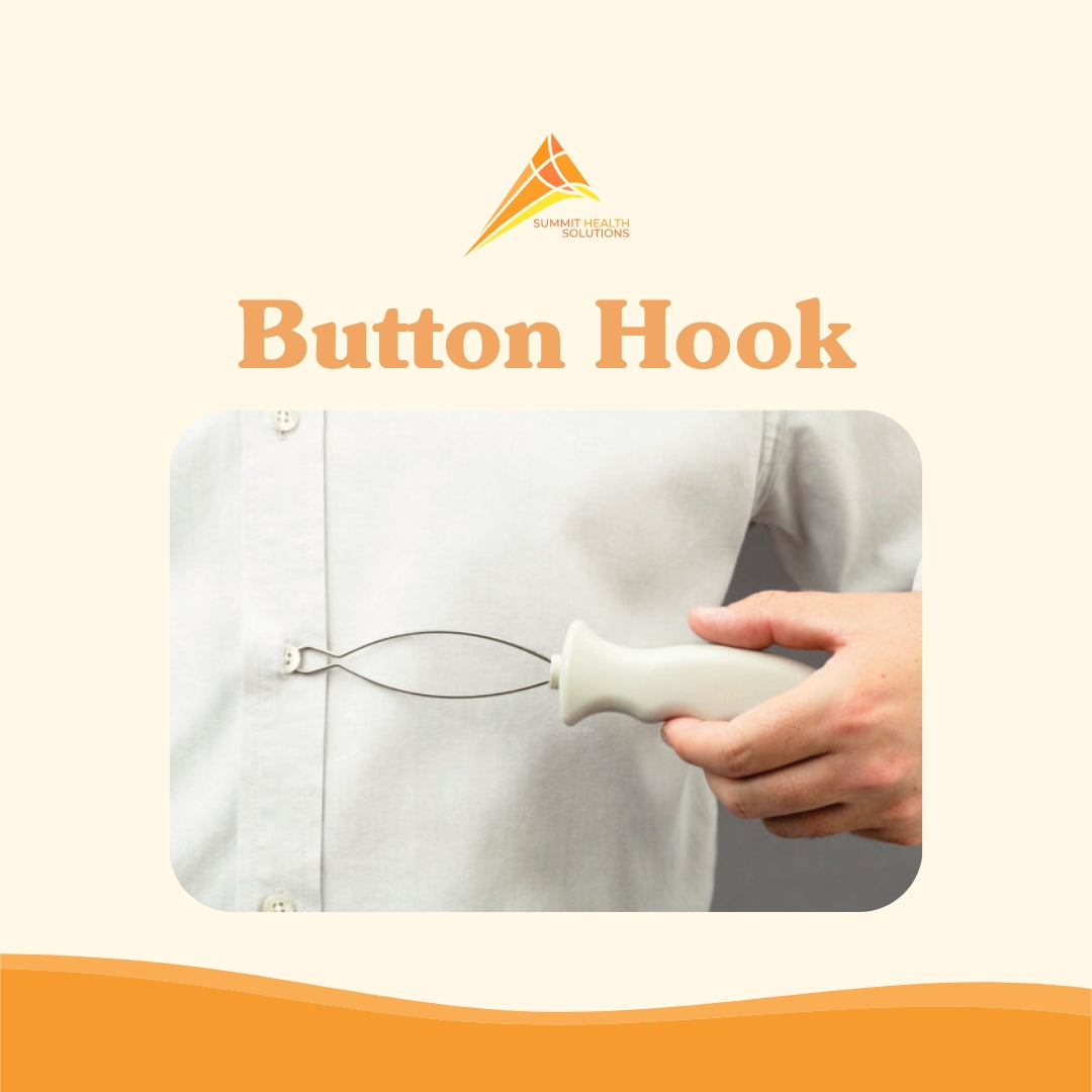Button hook dressing aid by Summit Health Solutions helping seniors fasten buttons on shirts and trousers independently
