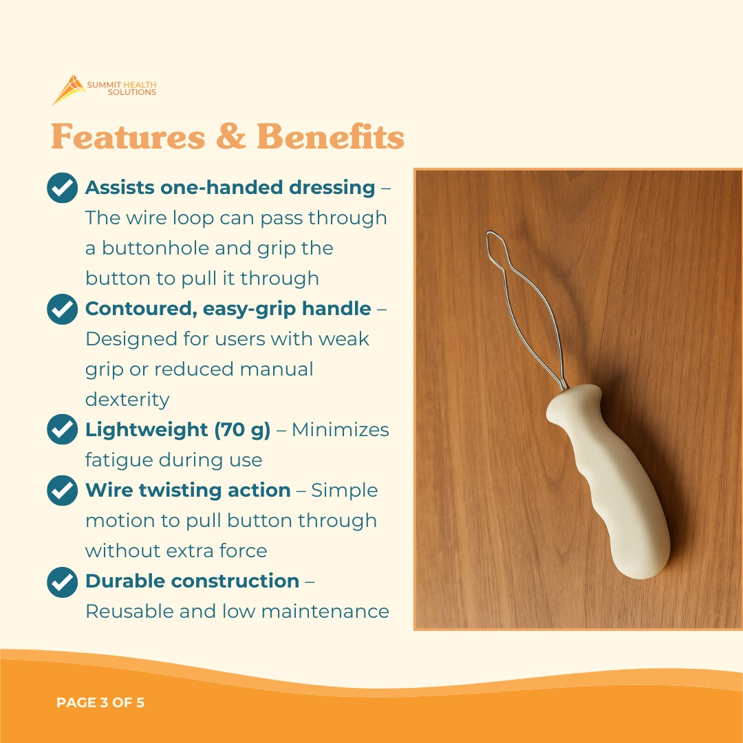 Button hook tool designed to help people with arthritis button clothing more easily