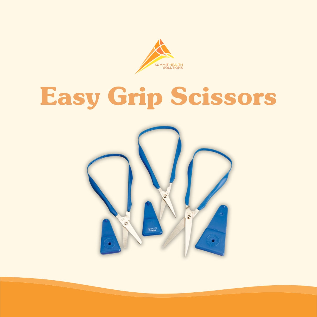 Easy grip scissors by Summit Health Solutions designed for people with arthritis or weak hands to cut everyday materials more easily