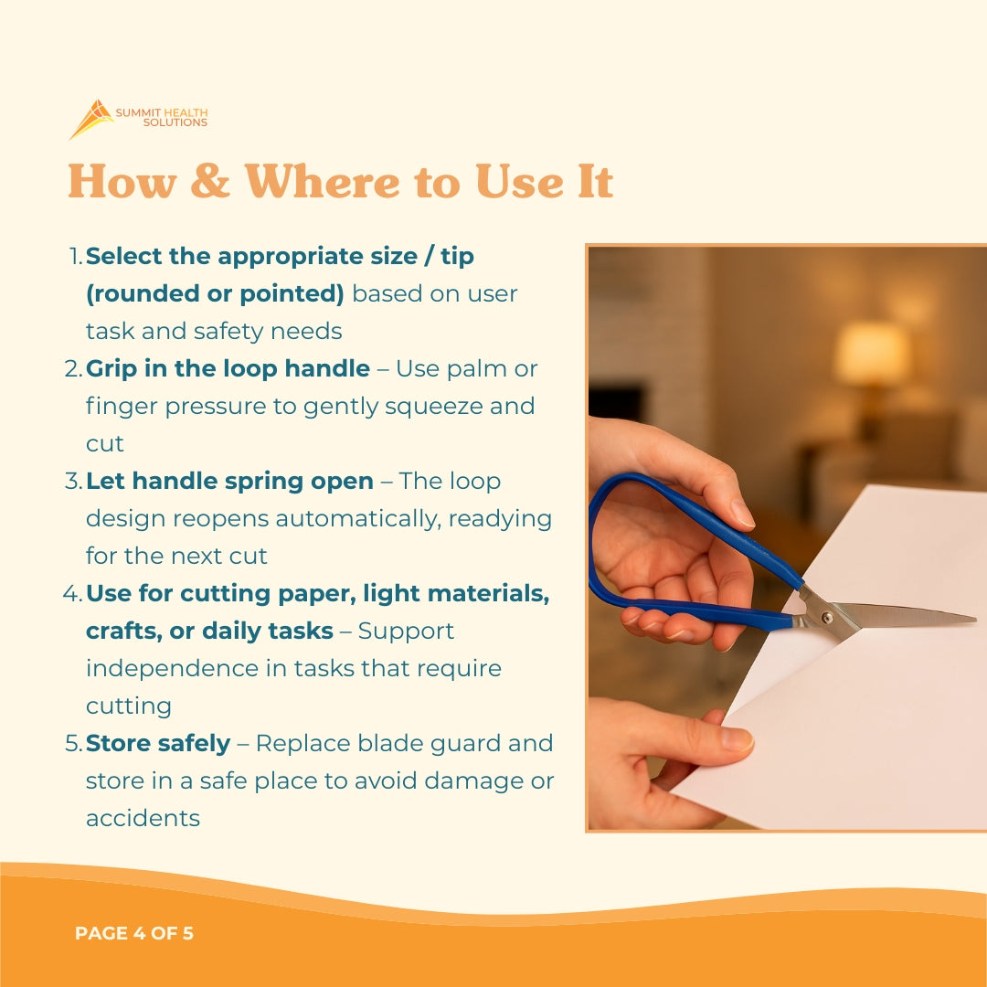 Easy grip scissors helping seniors maintain independence when cutting paper packaging and lightweight materials