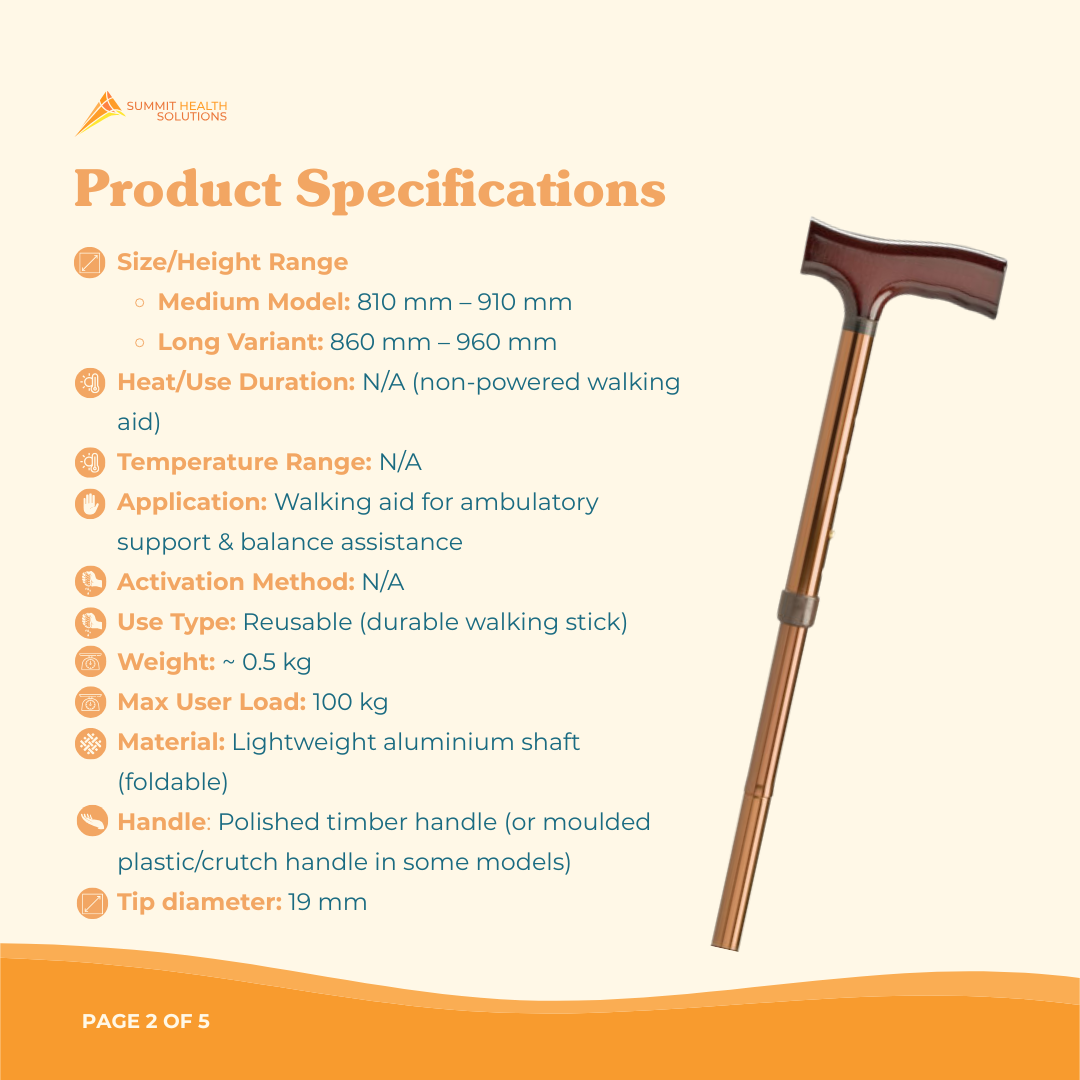 Foldable walking cane designed for travel and portability helping adults carry a mobility aid easily during outings