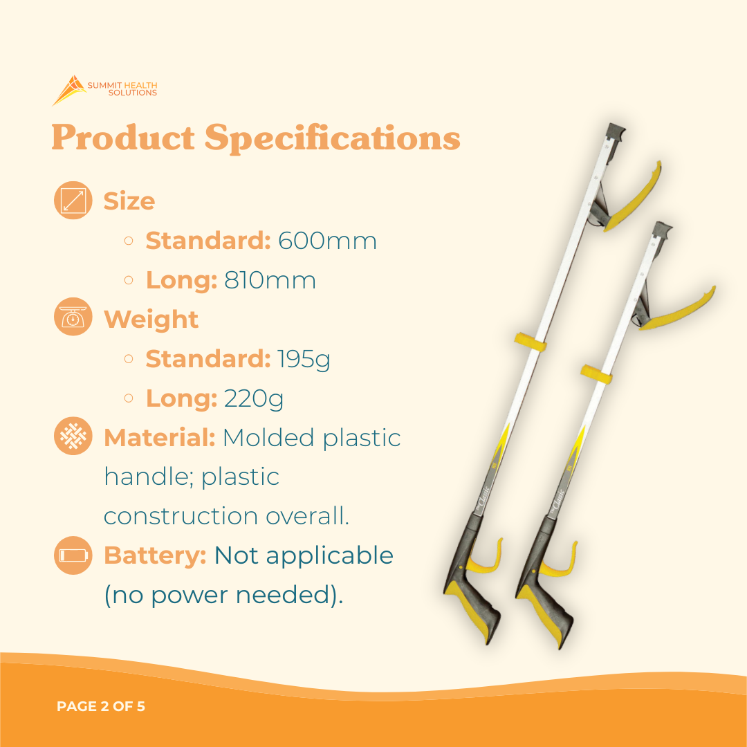 Lightweight reacher grabber tool by Summit Health Solutions allowing elderly users to safely retrieve items from the floor or high shelves