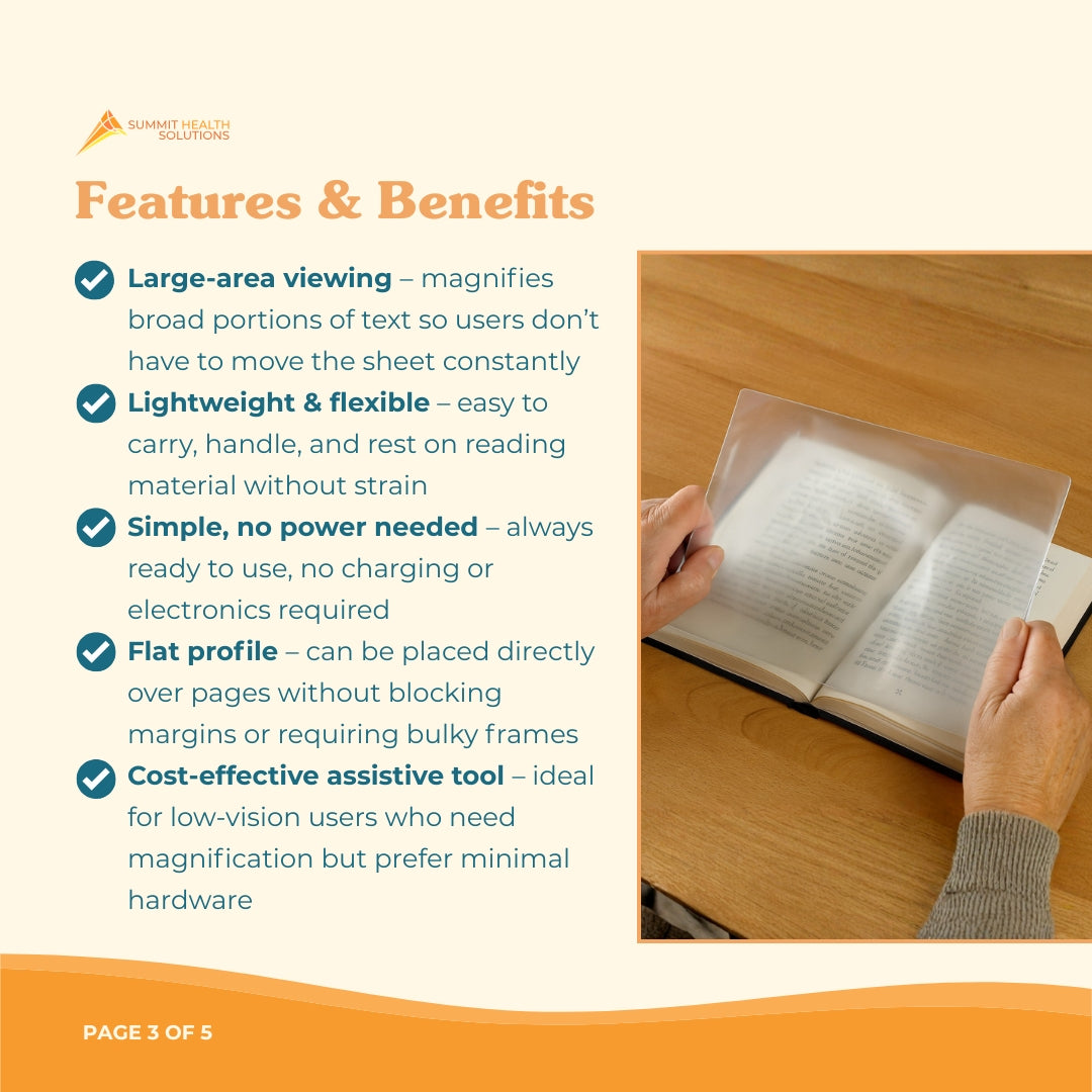 Magnifying sheet helping seniors read small print labels instructions and everyday printed materials
