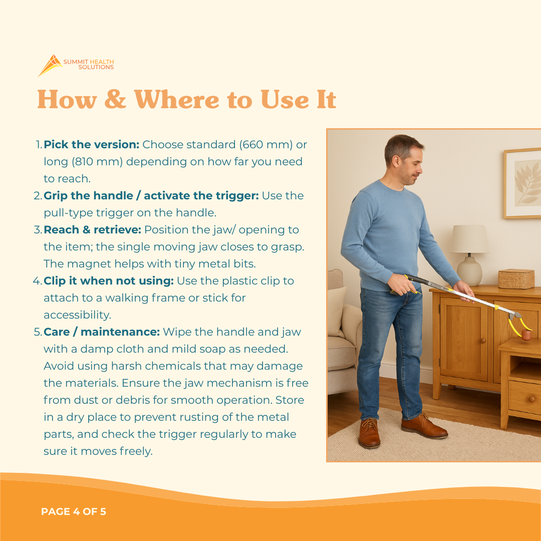 Mobility reach aid for elderly users by Summit Health Solutions helping retrieve household objects safely without bending or stretching