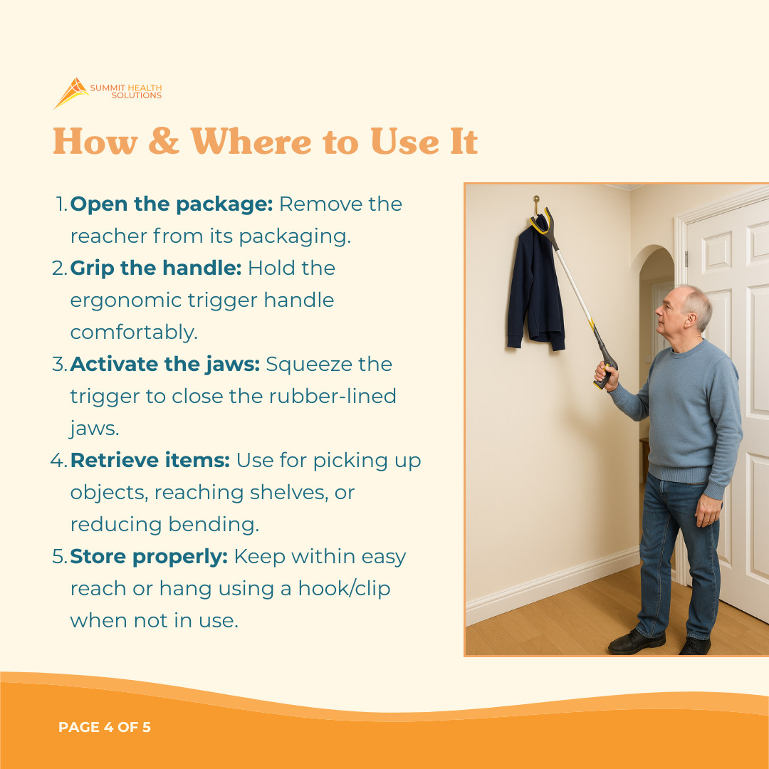 Mobility reacher grabber tool helping people with limited mobility safely handle everyday household tasks