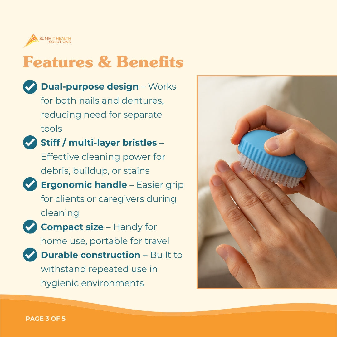 Compact nail cleaning brush helping adults scrub dirt from fingernails and maintain proper hand hygiene