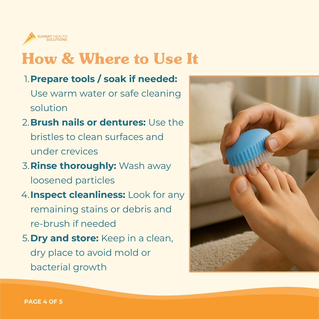 Personal hygiene brush helping seniors maintain daily nail and denture cleanliness independently at home