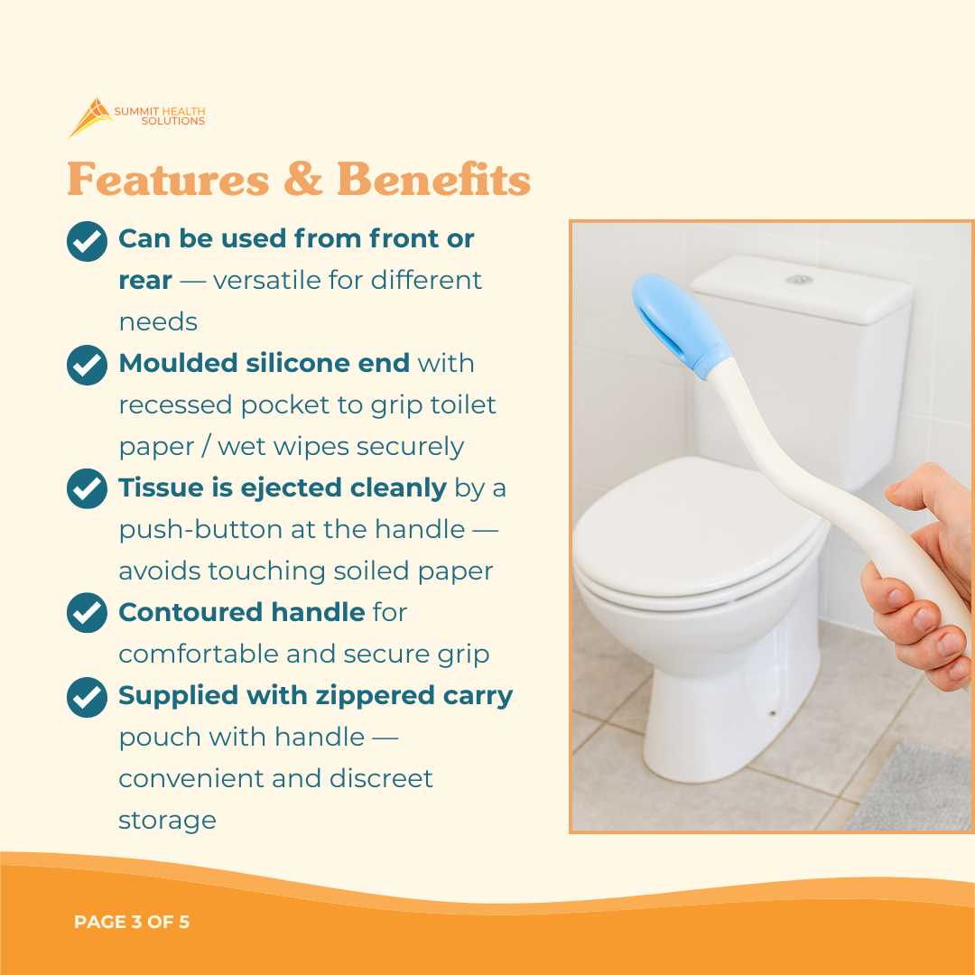 a lightweight hygiene aid with ergonomic handle, secure tissue grip and push-button release for easier independent toileting care at home.